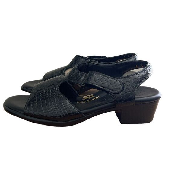 SAS Suntimer Heel Strap Sandal‎ Black Leather Crocs 9 N Double Wide Tripad $149 - Picture 1 of 6